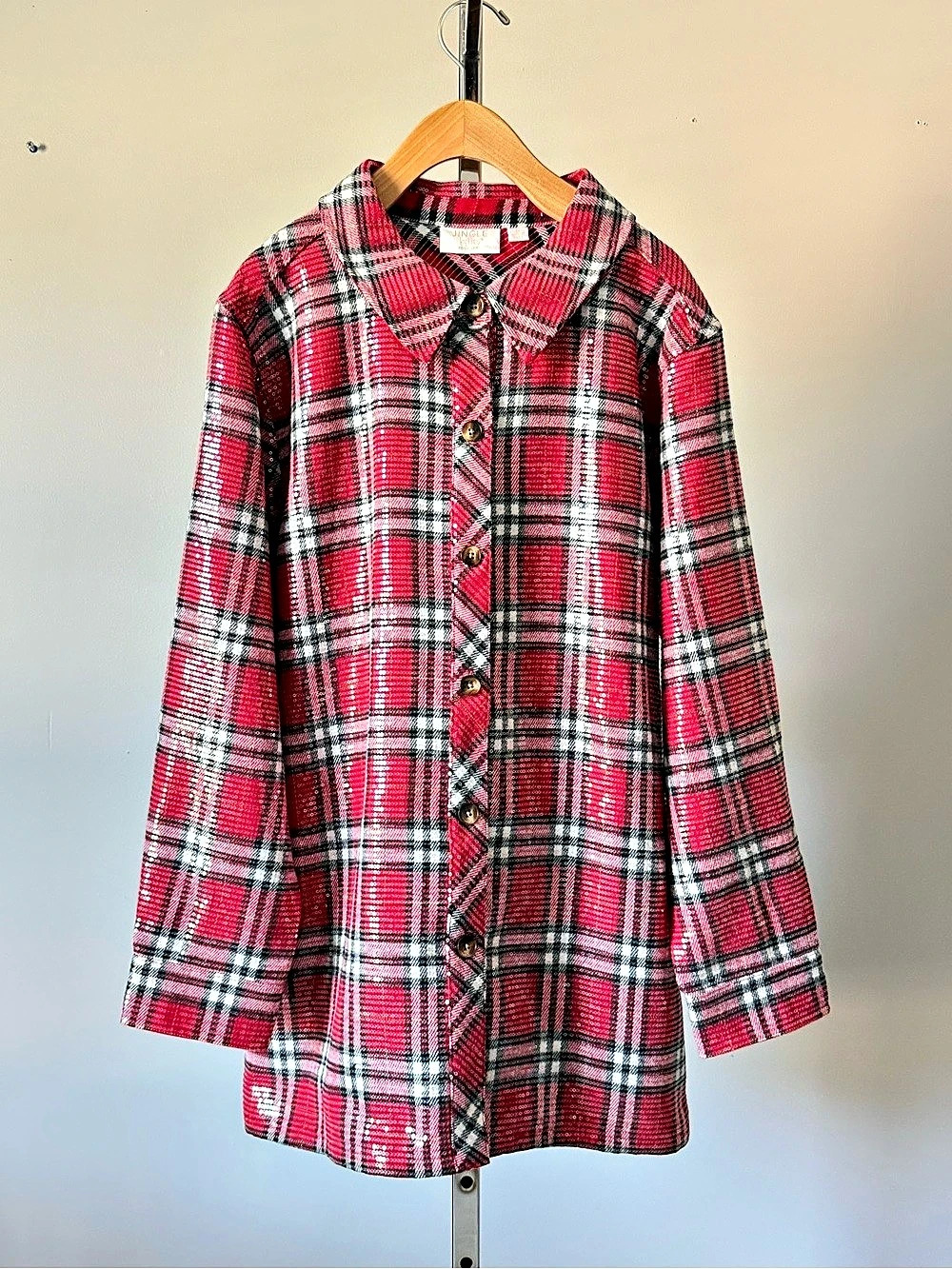 Jingle Belles by Kim Gravel Sequin Plaid Lumberjill Shacket Shirt Plus Size 1X